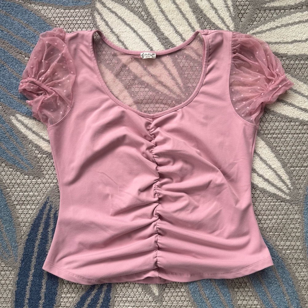 Free People Intimately Blush Up Polka Dot Lace Ruched Blouse Size XL Mauve Pink